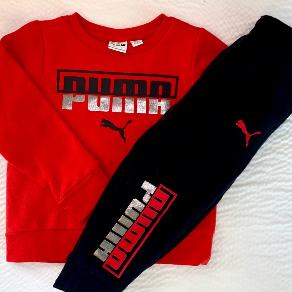 NWOT Puma Matching Essential Sweat Set Red & Black Sweatshirt/Pants Boys…